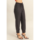 Black Ruched Ankle Drawstring Joggers