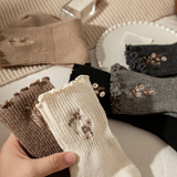 Flower Embroidery Socks - Light Coffee