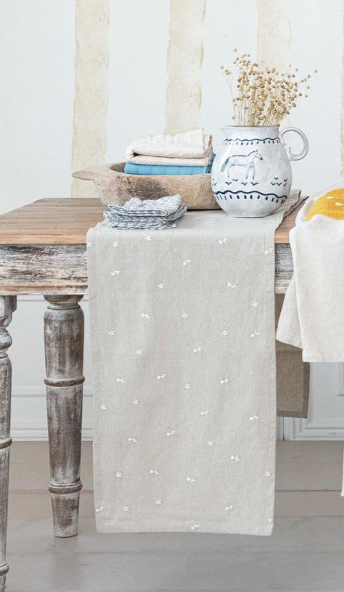 Cotton Table Runner with Embroidered Flowers