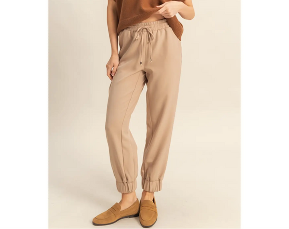 Beige Ruched Ankle Drawstring Joggers