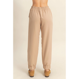 Beige Ruched Ankle Drawstring Joggers
