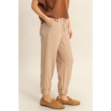 Beige Ruched Ankle Drawstring Joggers